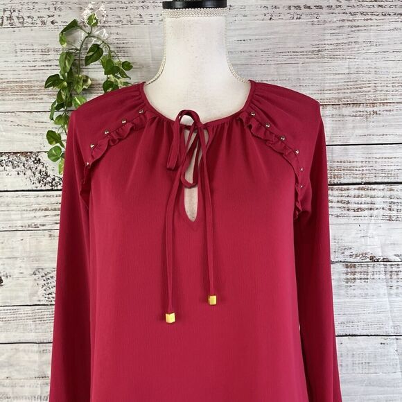 Michael Kors Tunic Blouse size Extra Small Dark Pink Crepe Ruffles Studs Bow Tie - Picture 3 of 15